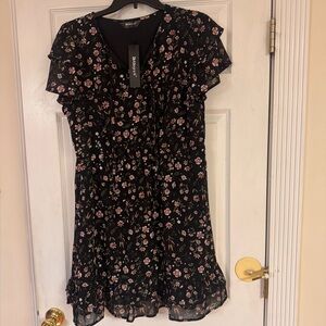 Allegra K Floral Ruffle Sleeve Dress Black Burnt Orange Size Large NWT
